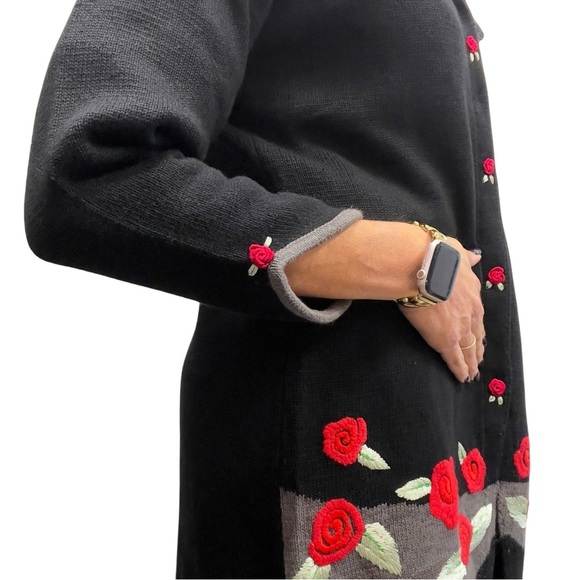 Storybook Knits Vintage Long Embroidered Rose Floral Teacher Cardigan Sweater - Picture 10 of 17